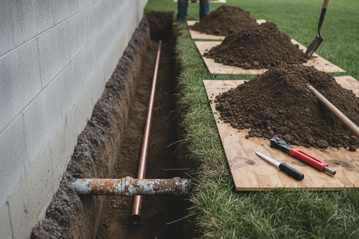 Excavated water line trench during Water Softener Installation in Mayodan